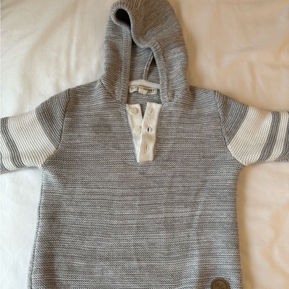 Gray and Cream Hooded V-Neck Sweater with Striped Detail